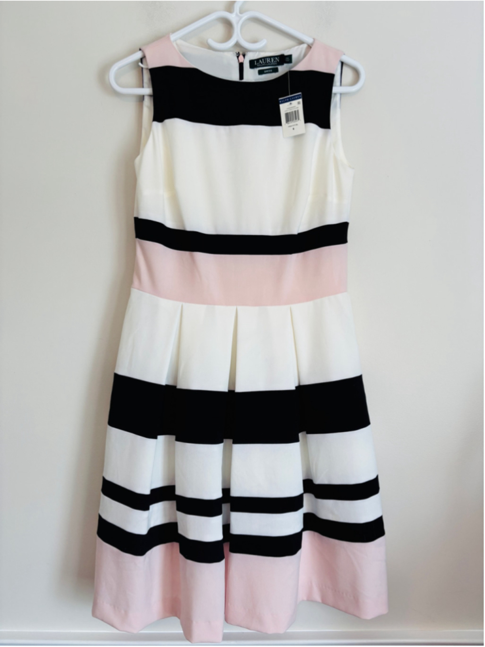 Lauren Ralph Lauren Striped Fit & Flare Dress Size 6 White Black Pink BNWT